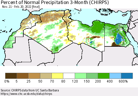 North Africa Percent of Normal Precipitation 3-Month (CHIRPS) Thematic Map For 11/21/2021 - 2/20/2022