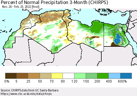 North Africa Percent of Normal Precipitation 3-Month (CHIRPS) Thematic Map For 11/26/2021 - 2/25/2022