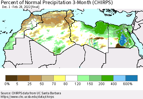 North Africa Percent of Normal Precipitation 3-Month (CHIRPS) Thematic Map For 12/1/2021 - 2/28/2022