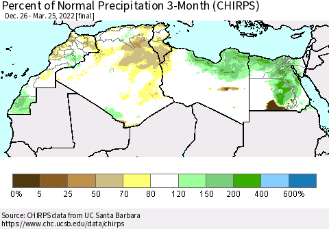 North Africa Percent of Normal Precipitation 3-Month (CHIRPS) Thematic Map For 12/26/2021 - 3/25/2022