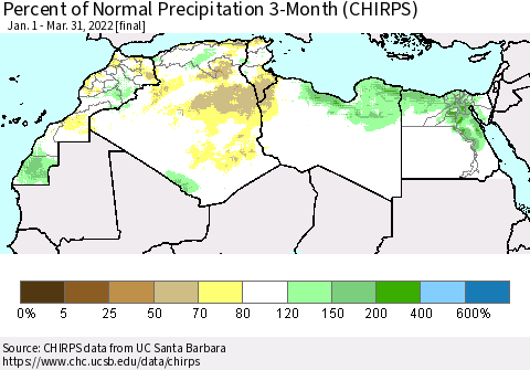 North Africa Percent of Normal Precipitation 3-Month (CHIRPS) Thematic Map For 1/1/2022 - 3/31/2022