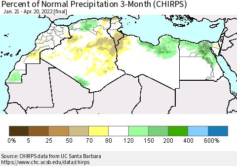 North Africa Percent of Normal Precipitation 3-Month (CHIRPS) Thematic Map For 1/21/2022 - 4/20/2022