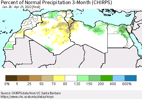North Africa Percent of Normal Precipitation 3-Month (CHIRPS) Thematic Map For 1/26/2022 - 4/25/2022
