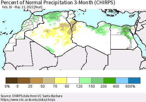 North Africa Percent of Normal Precipitation 3-Month (CHIRPS) Thematic Map For 2/16/2022 - 5/15/2022