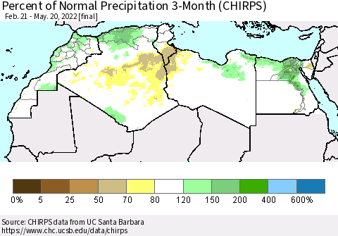 North Africa Percent of Normal Precipitation 3-Month (CHIRPS) Thematic Map For 2/21/2022 - 5/20/2022