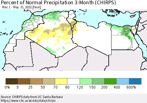 North Africa Percent of Normal Precipitation 3-Month (CHIRPS) Thematic Map For 3/1/2022 - 5/31/2022