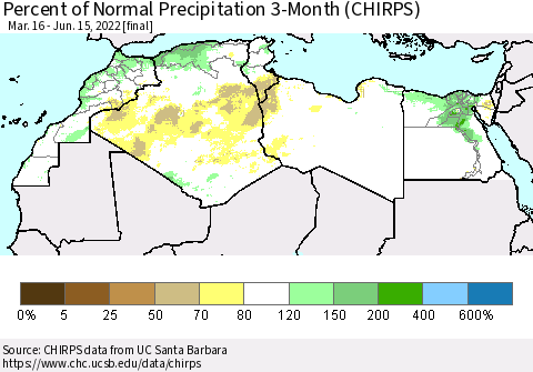 North Africa Percent of Normal Precipitation 3-Month (CHIRPS) Thematic Map For 3/16/2022 - 6/15/2022