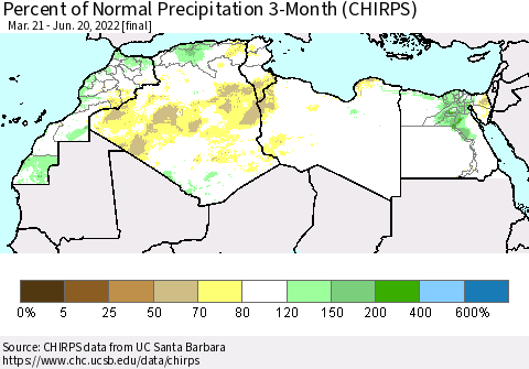 North Africa Percent of Normal Precipitation 3-Month (CHIRPS) Thematic Map For 3/21/2022 - 6/20/2022