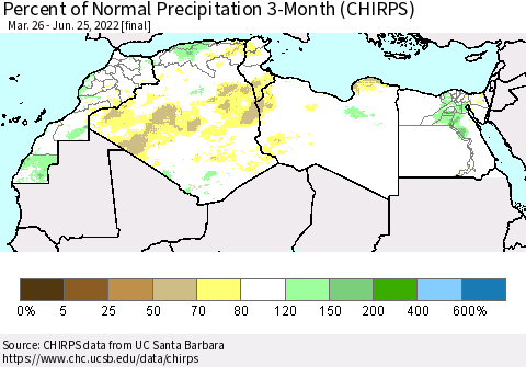 North Africa Percent of Normal Precipitation 3-Month (CHIRPS) Thematic Map For 3/26/2022 - 6/25/2022