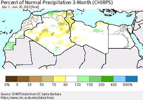 North Africa Percent of Normal Precipitation 3-Month (CHIRPS) Thematic Map For 4/1/2022 - 6/30/2022