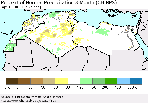 North Africa Percent of Normal Precipitation 3-Month (CHIRPS) Thematic Map For 4/11/2022 - 7/10/2022