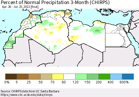 North Africa Percent of Normal Precipitation 3-Month (CHIRPS) Thematic Map For 4/26/2022 - 7/25/2022