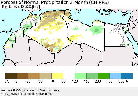 North Africa Percent of Normal Precipitation 3-Month (CHIRPS) Thematic Map For 5/11/2022 - 8/10/2022