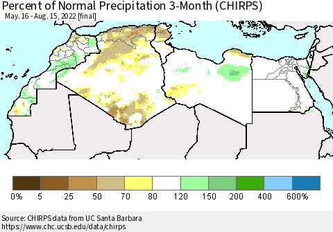 North Africa Percent of Normal Precipitation 3-Month (CHIRPS) Thematic Map For 5/16/2022 - 8/15/2022