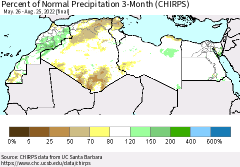 North Africa Percent of Normal Precipitation 3-Month (CHIRPS) Thematic Map For 5/26/2022 - 8/25/2022
