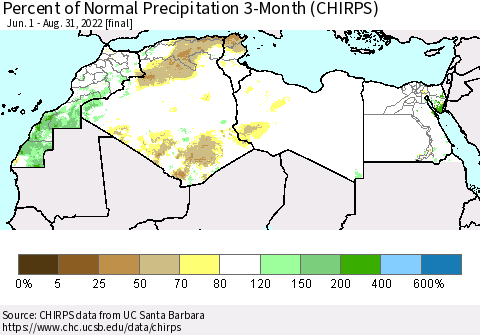 North Africa Percent of Normal Precipitation 3-Month (CHIRPS) Thematic Map For 6/1/2022 - 8/31/2022