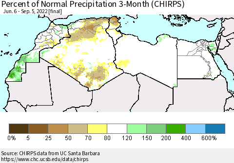 North Africa Percent of Normal Precipitation 3-Month (CHIRPS) Thematic Map For 6/6/2022 - 9/5/2022