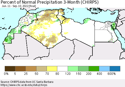 North Africa Percent of Normal Precipitation 3-Month (CHIRPS) Thematic Map For 6/11/2022 - 9/10/2022