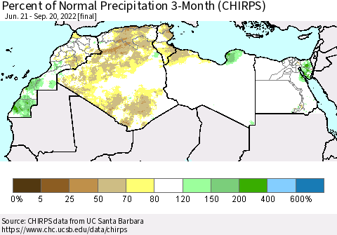 North Africa Percent of Normal Precipitation 3-Month (CHIRPS) Thematic Map For 6/21/2022 - 9/20/2022