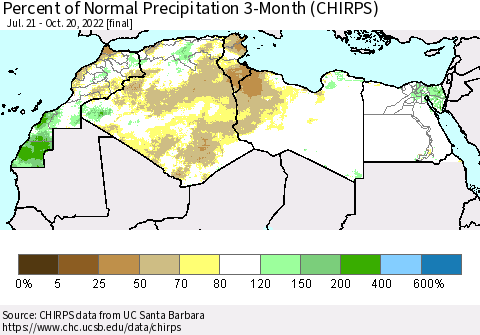 North Africa Percent of Normal Precipitation 3-Month (CHIRPS) Thematic Map For 7/21/2022 - 10/20/2022