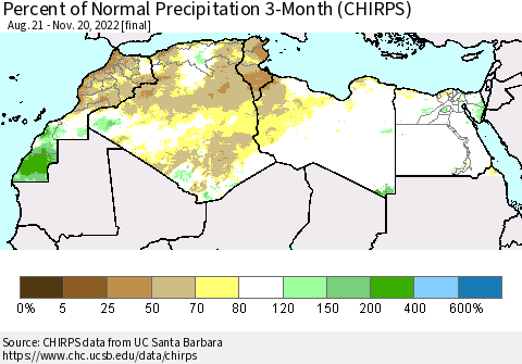 North Africa Percent of Normal Precipitation 3-Month (CHIRPS) Thematic Map For 8/21/2022 - 11/20/2022