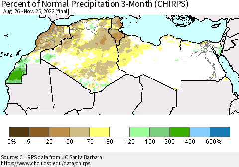 North Africa Percent of Normal Precipitation 3-Month (CHIRPS) Thematic Map For 8/26/2022 - 11/25/2022