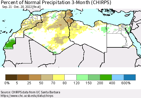 North Africa Percent of Normal Precipitation 3-Month (CHIRPS) Thematic Map For 9/21/2022 - 12/20/2022