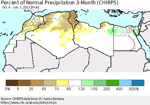 North Africa Percent of Normal Precipitation 3-Month (CHIRPS) Thematic Map For 10/6/2022 - 1/5/2023