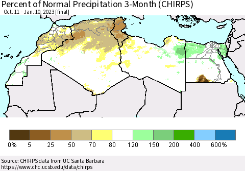 North Africa Percent of Normal Precipitation 3-Month (CHIRPS) Thematic Map For 10/11/2022 - 1/10/2023