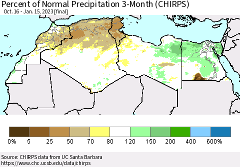 North Africa Percent of Normal Precipitation 3-Month (CHIRPS) Thematic Map For 10/16/2022 - 1/15/2023