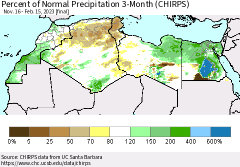 North Africa Percent of Normal Precipitation 3-Month (CHIRPS) Thematic Map For 11/16/2022 - 2/15/2023