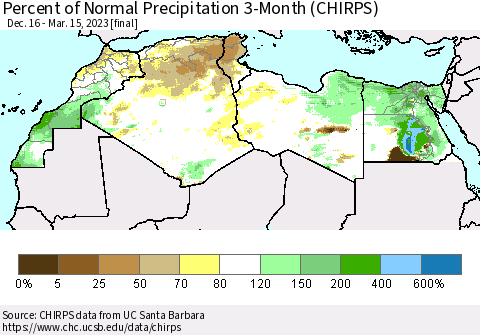 North Africa Percent of Normal Precipitation 3-Month (CHIRPS) Thematic Map For 12/16/2022 - 3/15/2023