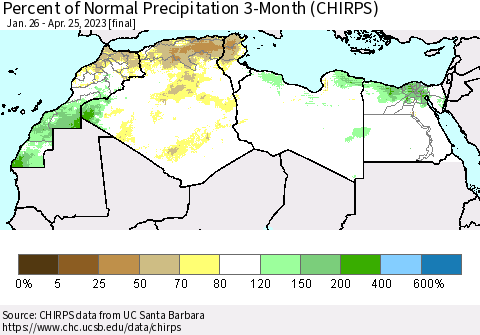 North Africa Percent of Normal Precipitation 3-Month (CHIRPS) Thematic Map For 1/26/2023 - 4/25/2023