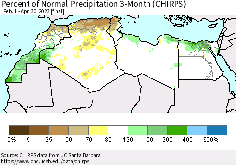 North Africa Percent of Normal Precipitation 3-Month (CHIRPS) Thematic Map For 2/1/2023 - 4/30/2023