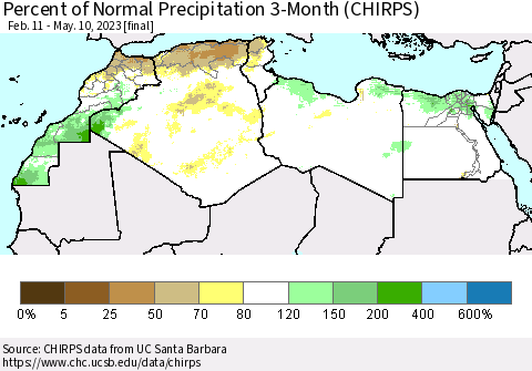 North Africa Percent of Normal Precipitation 3-Month (CHIRPS) Thematic Map For 2/11/2023 - 5/10/2023