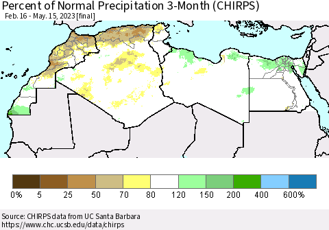 North Africa Percent of Normal Precipitation 3-Month (CHIRPS) Thematic Map For 2/16/2023 - 5/15/2023