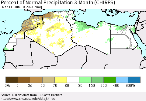 North Africa Percent of Normal Precipitation 3-Month (CHIRPS) Thematic Map For 3/11/2023 - 6/10/2023