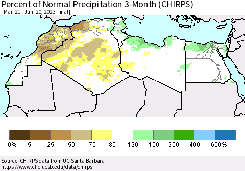 North Africa Percent of Normal Precipitation 3-Month (CHIRPS) Thematic Map For 3/21/2023 - 6/20/2023