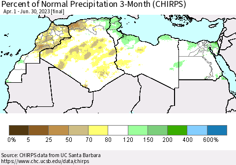 North Africa Percent of Normal Precipitation 3-Month (CHIRPS) Thematic Map For 4/1/2023 - 6/30/2023