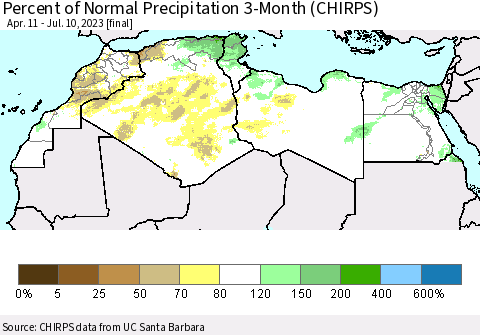 North Africa Percent of Normal Precipitation 3-Month (CHIRPS) Thematic Map For 4/11/2023 - 7/10/2023