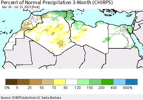 North Africa Percent of Normal Precipitation 3-Month (CHIRPS) Thematic Map For 4/16/2023 - 7/15/2023