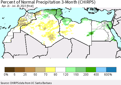 North Africa Percent of Normal Precipitation 3-Month (CHIRPS) Thematic Map For 4/21/2023 - 7/20/2023
