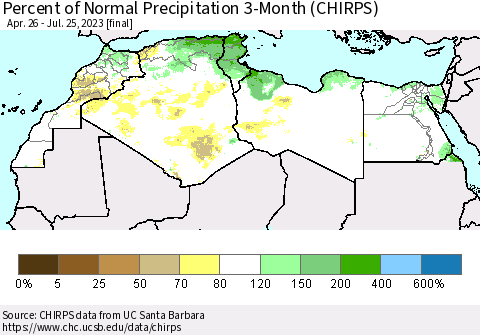 North Africa Percent of Normal Precipitation 3-Month (CHIRPS) Thematic Map For 4/26/2023 - 7/25/2023