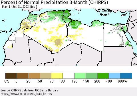 North Africa Percent of Normal Precipitation 3-Month (CHIRPS) Thematic Map For 5/1/2023 - 7/31/2023