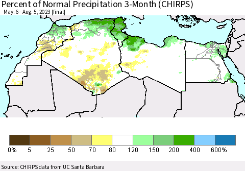 North Africa Percent of Normal Precipitation 3-Month (CHIRPS) Thematic Map For 5/6/2023 - 8/5/2023