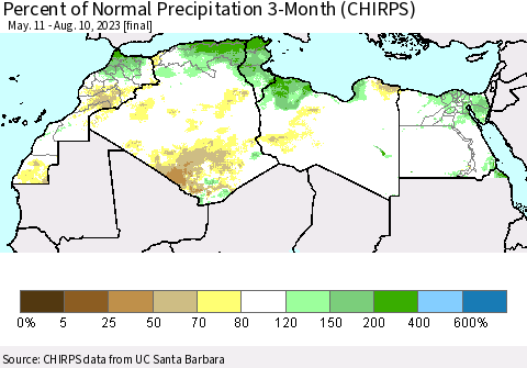 North Africa Percent of Normal Precipitation 3-Month (CHIRPS) Thematic Map For 5/11/2023 - 8/10/2023