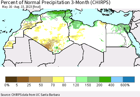North Africa Percent of Normal Precipitation 3-Month (CHIRPS) Thematic Map For 5/16/2023 - 8/15/2023