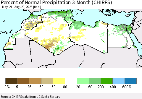 North Africa Percent of Normal Precipitation 3-Month (CHIRPS) Thematic Map For 5/21/2023 - 8/20/2023