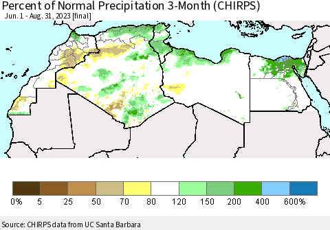North Africa Percent of Normal Precipitation 3-Month (CHIRPS) Thematic Map For 6/1/2023 - 8/31/2023
