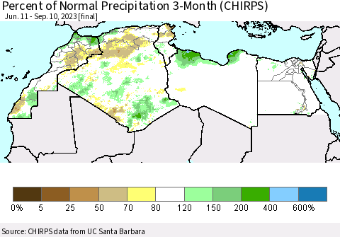 North Africa Percent of Normal Precipitation 3-Month (CHIRPS) Thematic Map For 6/11/2023 - 9/10/2023